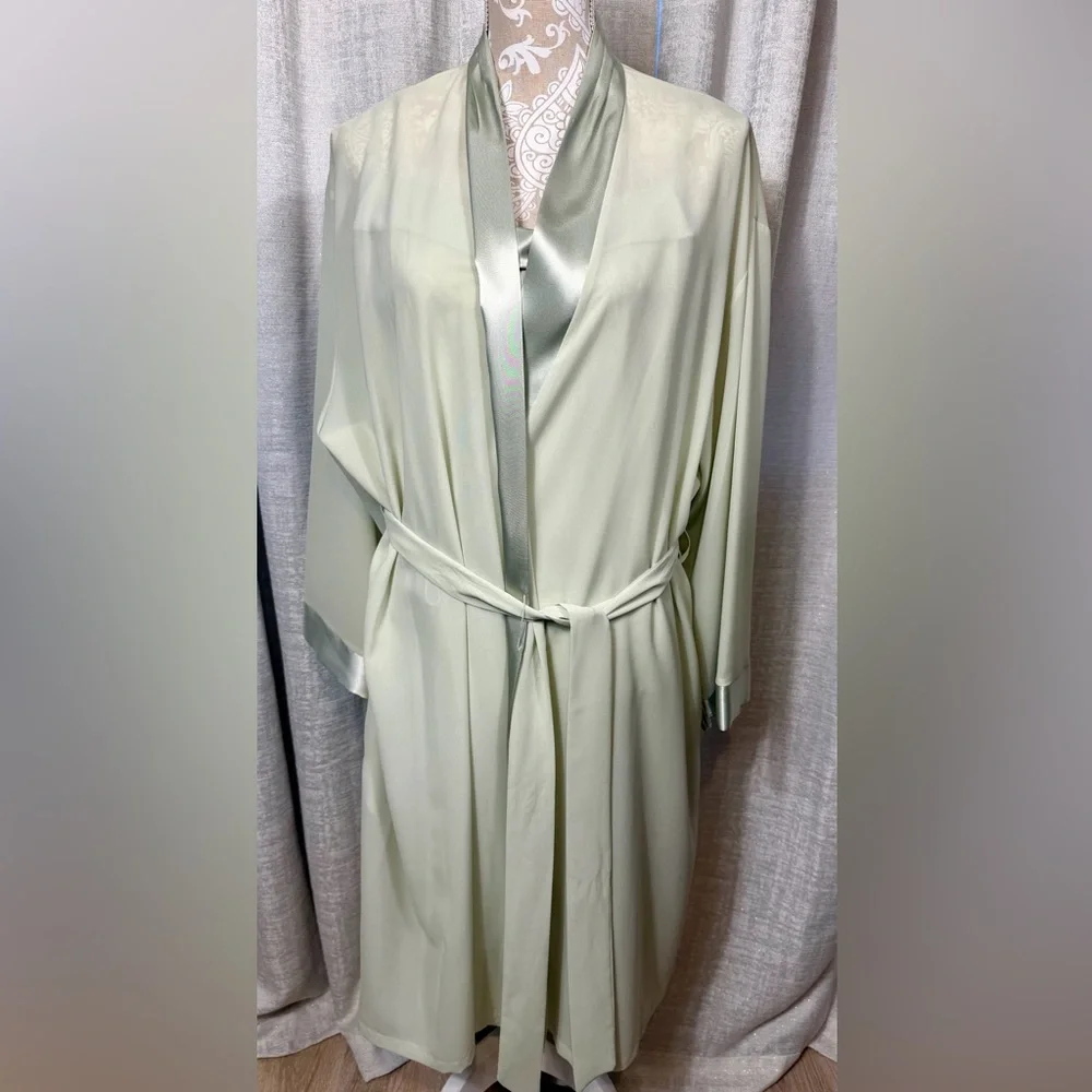 Halston 2X Sage Green Sheer Robe & Slip Dress Set Satin Trim Elegant Lounge - Picture 6 of 16